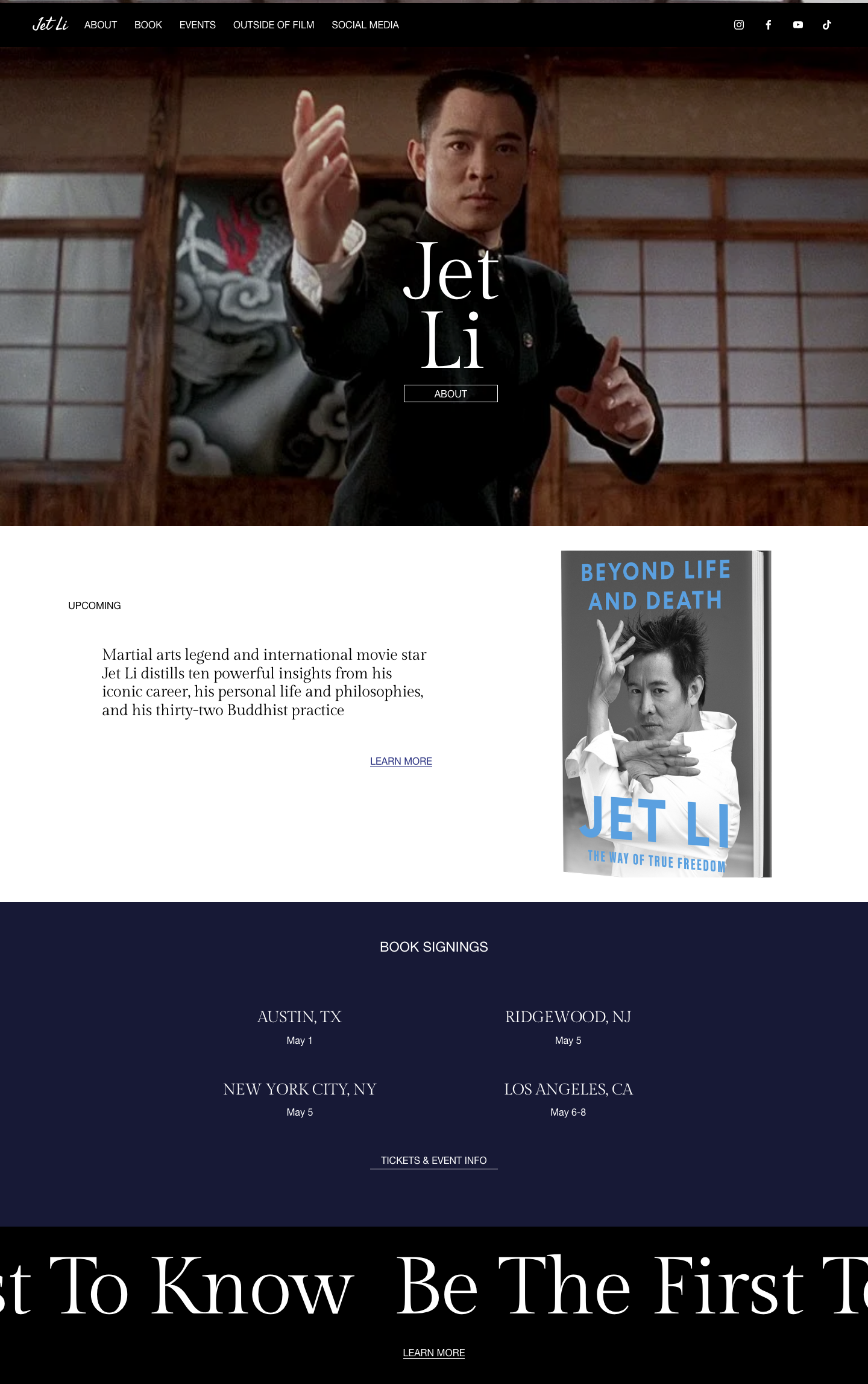 The jetli.com homepage today: a full-screen cinematic hero photo of Jet Li, a book promotion, and an events section